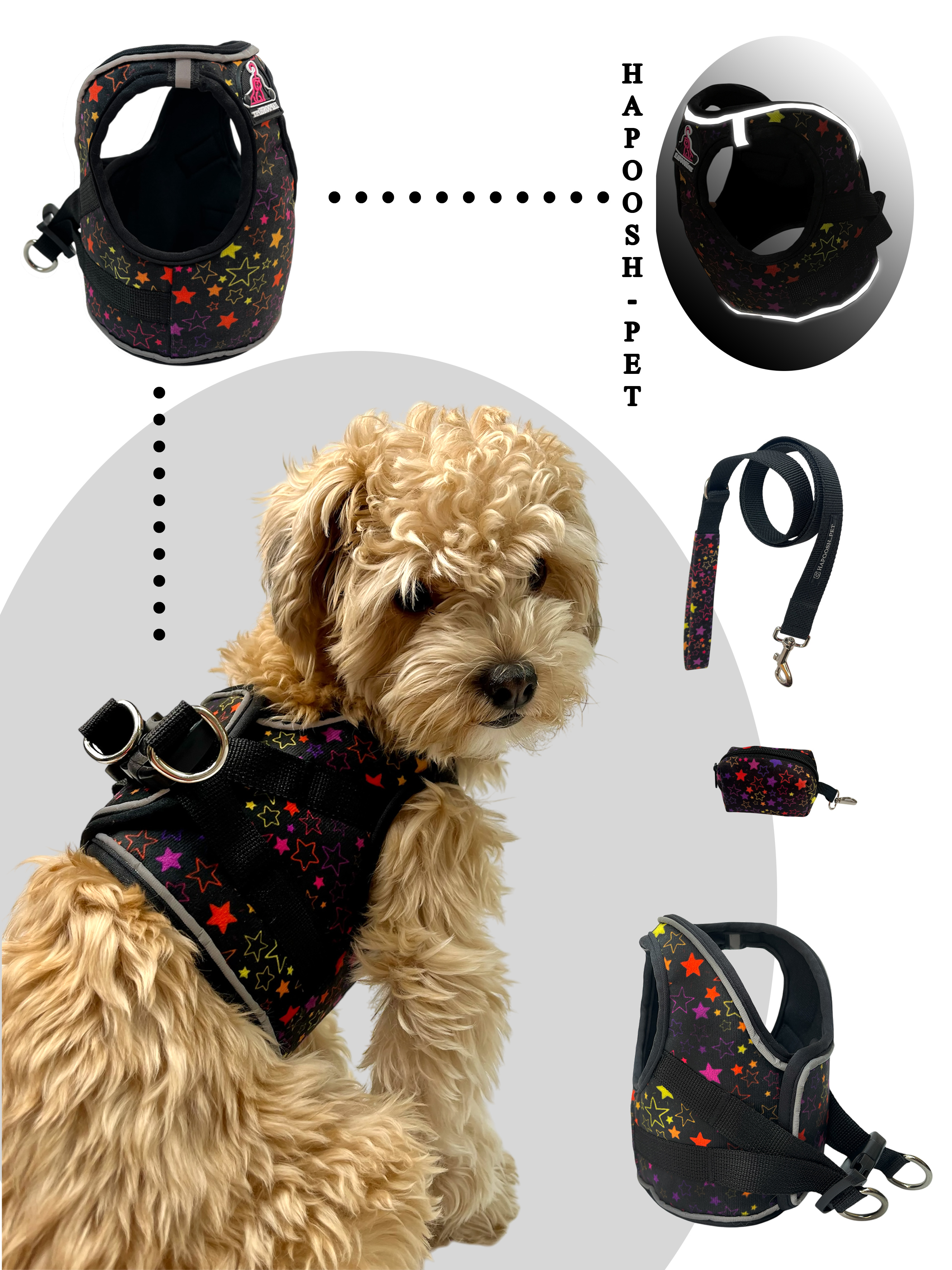 قلاده تنی لباسی هارنس (Harness) مشکی ستاره ای